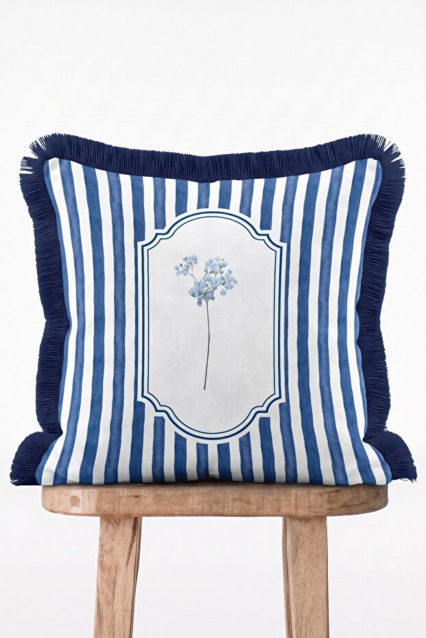 Framed Botanical Wildflower Motif Retro Striped Fringed Throw Pillow Cover