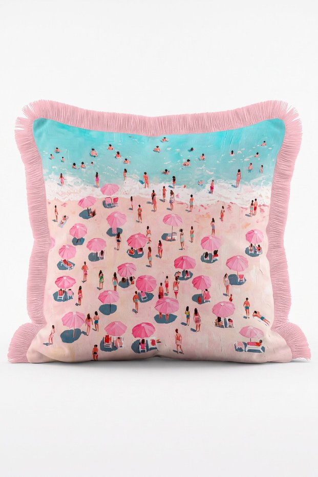 Bird's Eye View of the Coast and Turquoise Sea Decorative Fringed Cushion Cover