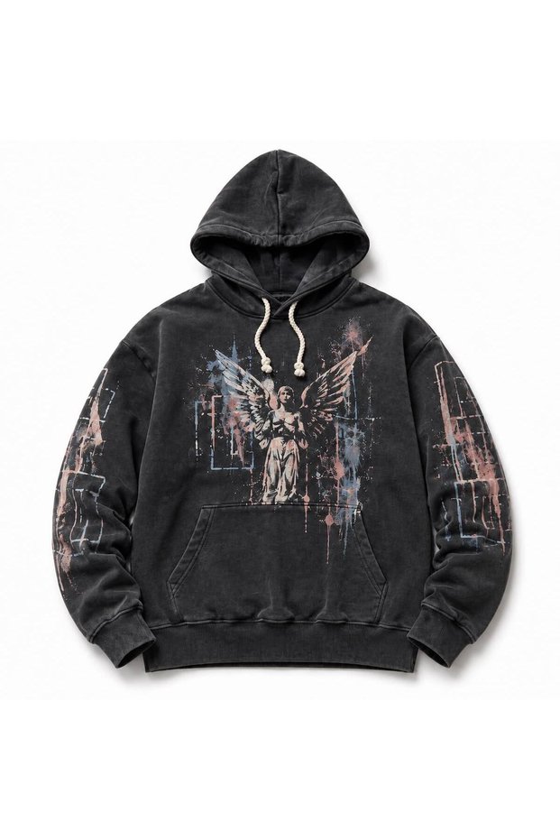 Unisex 3 Thread Count Kangaroo Pocket Vintage Washed Oversize Hooded Printed Sweatshirt