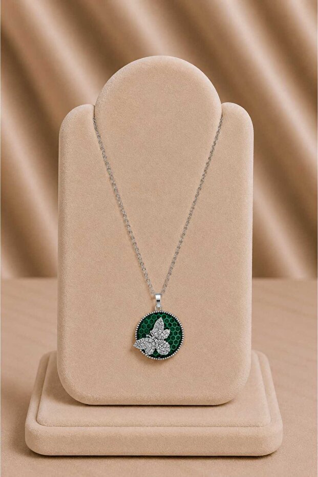 Green Silver Necklace with Bee Figure