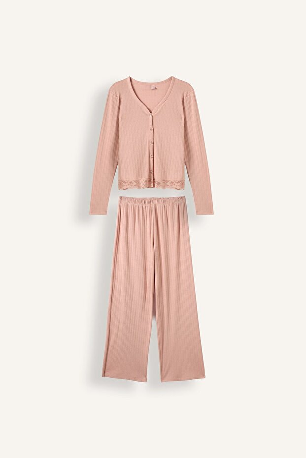 100% Cotton Regular Fit V-Neck Ribbed Lace Detailed Pajama Set I4236Ax26Au