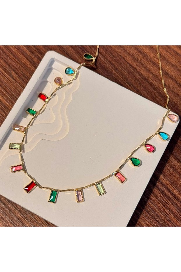 Rectangular Drop Colored Stone Necklace