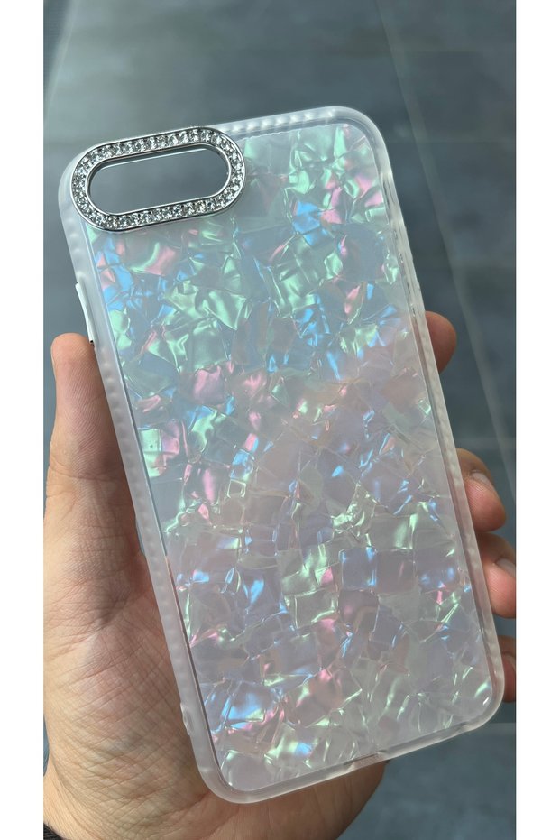 متوافق مع iPhone 6PLUS - 7PLUS - 8PLUS - غطاء هولوغرام لؤلؤي، غطاء حماية مرصع بالحجارة لإطار الكاميرا