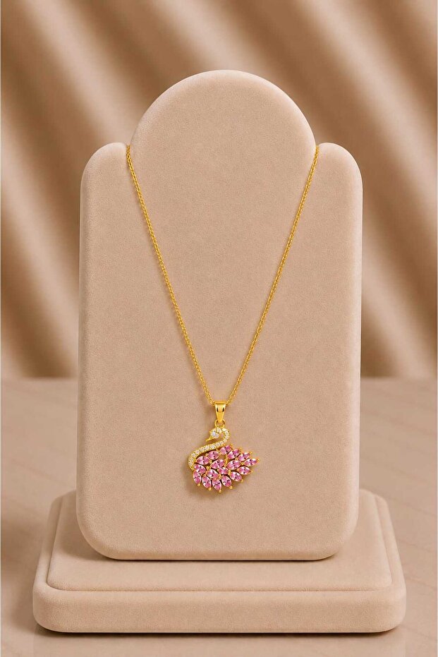 Elegant Swan Figured Gold Necklace with Pink Stones