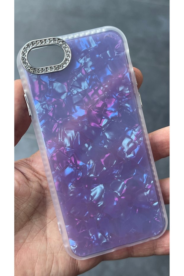 Compatible with iPhone 6 / 7 / 8 - Pearlescent Hologram Cover, Camera Frame Protective Case with Rhinestones