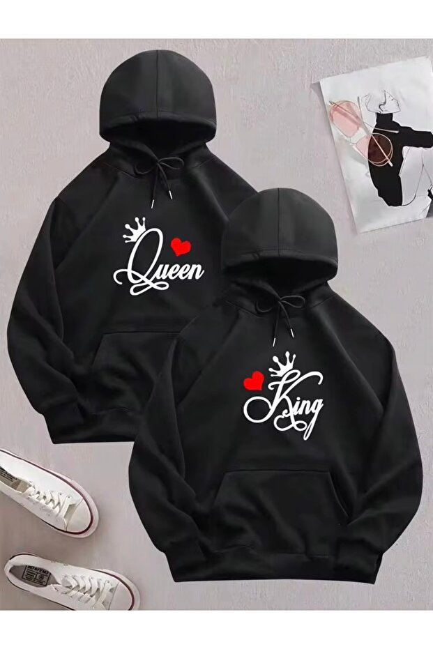 King Queen Printed Lover's Combination Hooded Oversize Sweatshirt