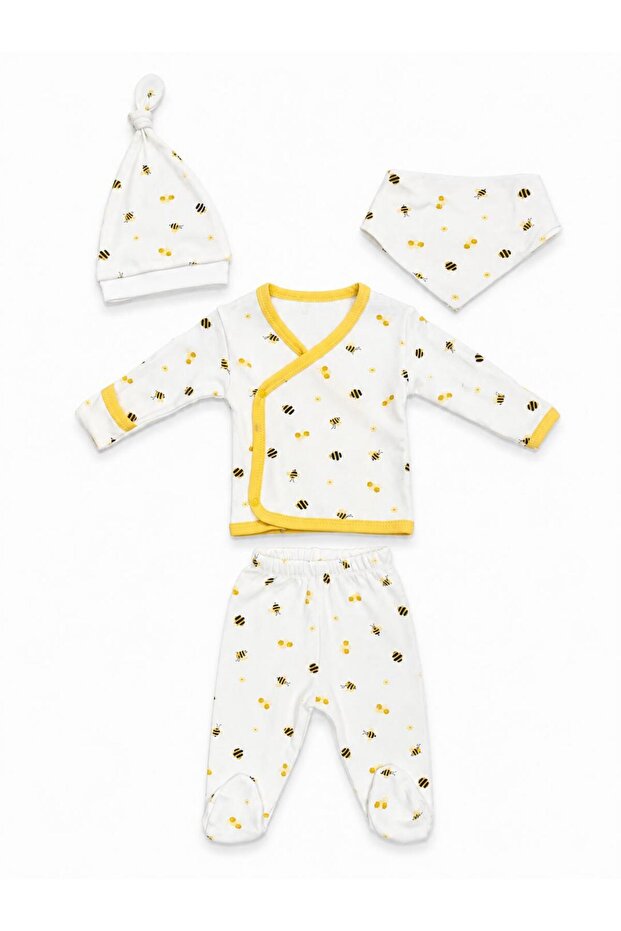 Newborn Bee Patterned 4-Piece Hospital Discharge Set with Gloves