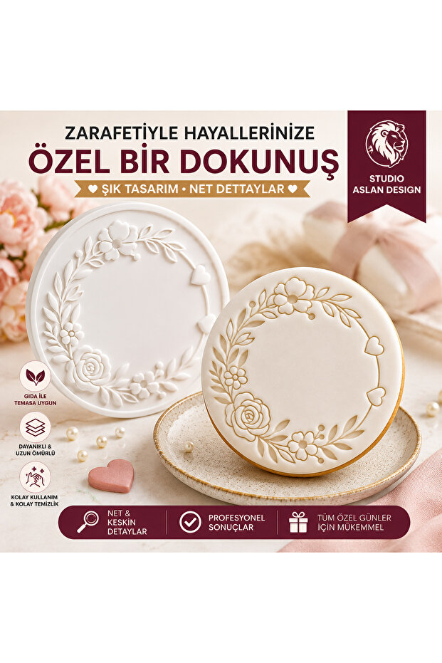 Floral Frame Sugarcraft Mold | Rose and Heart Pattern Cookie Stamp Promise Engagement Wedding Birthday Mold