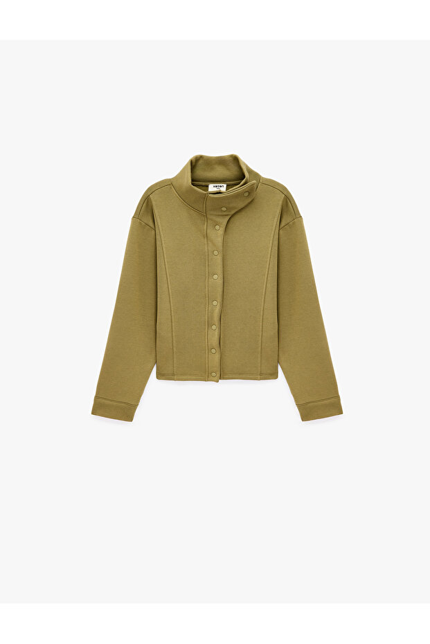 Raised Collar Jacket with Raised Buttons and Long Sleeves