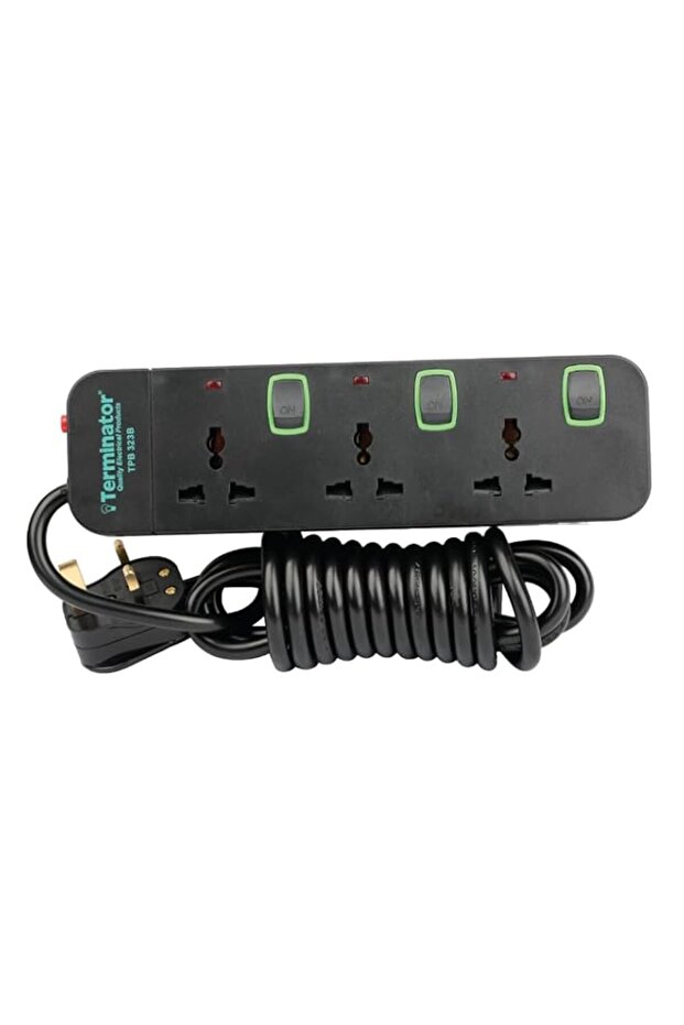 Terminator 3 Way Universal Power Extension Socket With Overload Protection, Green Border Switches,