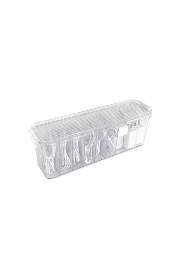 Joyzzz Plastic Cord Organizer Box, Large Clear Cable Storage Case with 7 Adjustable Compartments, D