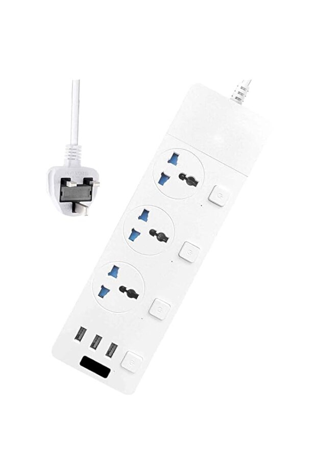 BEONE Extension Lead Cord, 2 Meter Power Strip Plug Adapter with 3 Way Power Extension Cord 3 USB P