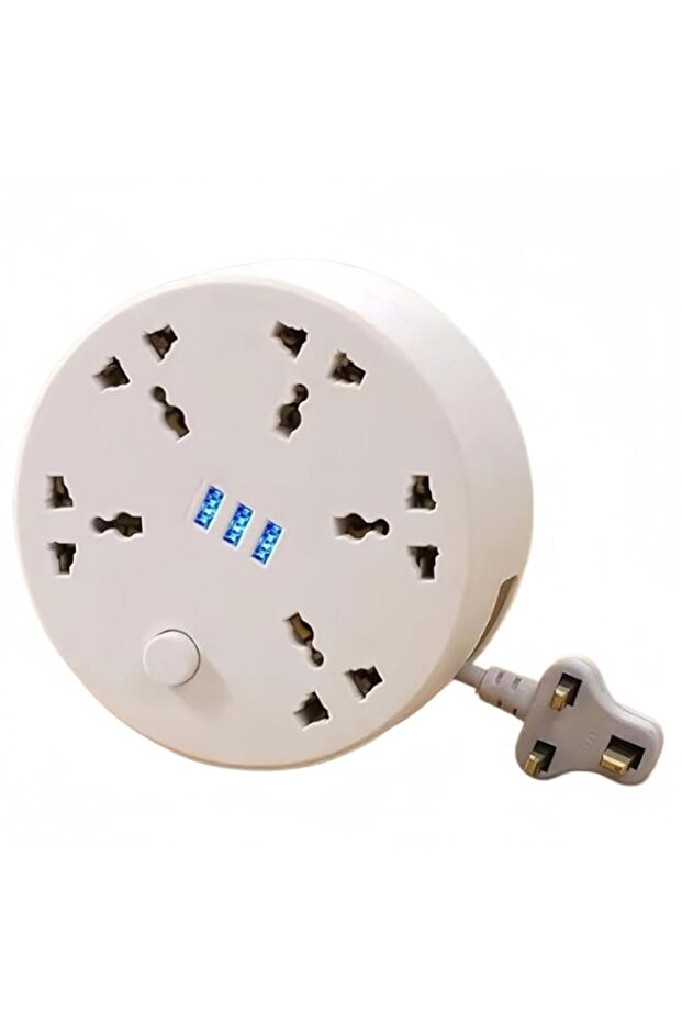 Retractable Power Strip - Round Universal Power Extension Cord with 5 Socket + 3USB, Extension Lead