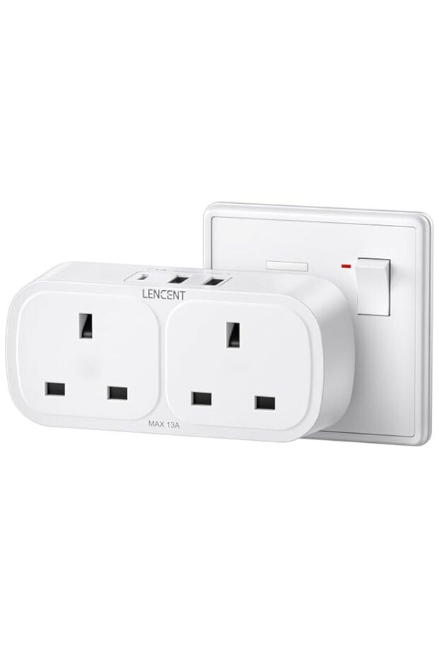 LENCENT Double Plug Adapter with 3 USB (1 USB-C), 2 Way Multi Plug Extension Socket Adaptor, AE Wal
