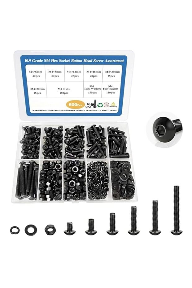 600Pcs M4 Screw Assortment, Machine Screws with Nuts Washers, Grade 10.9 Alloy Steel Hex Socket But