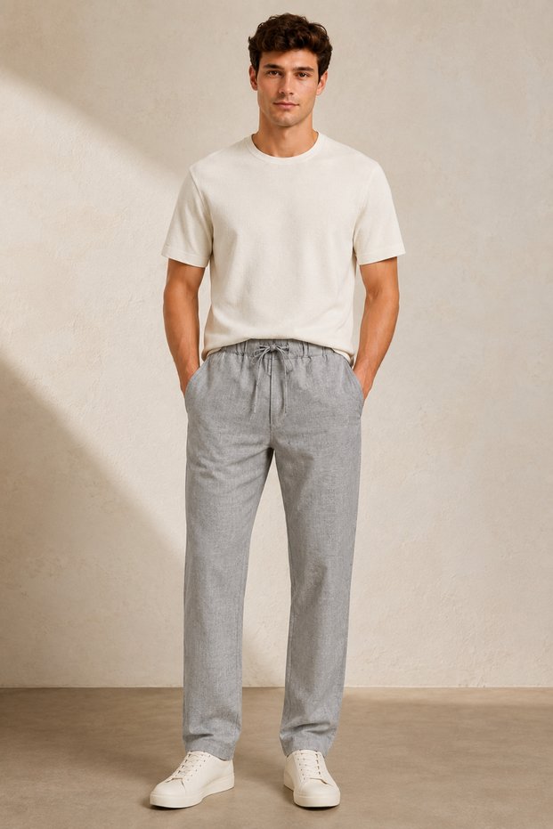 Men's Linen Light Gray Elastic and Adjustable Lace-Up Waist Relaxed Fit Linen Jogger Pants