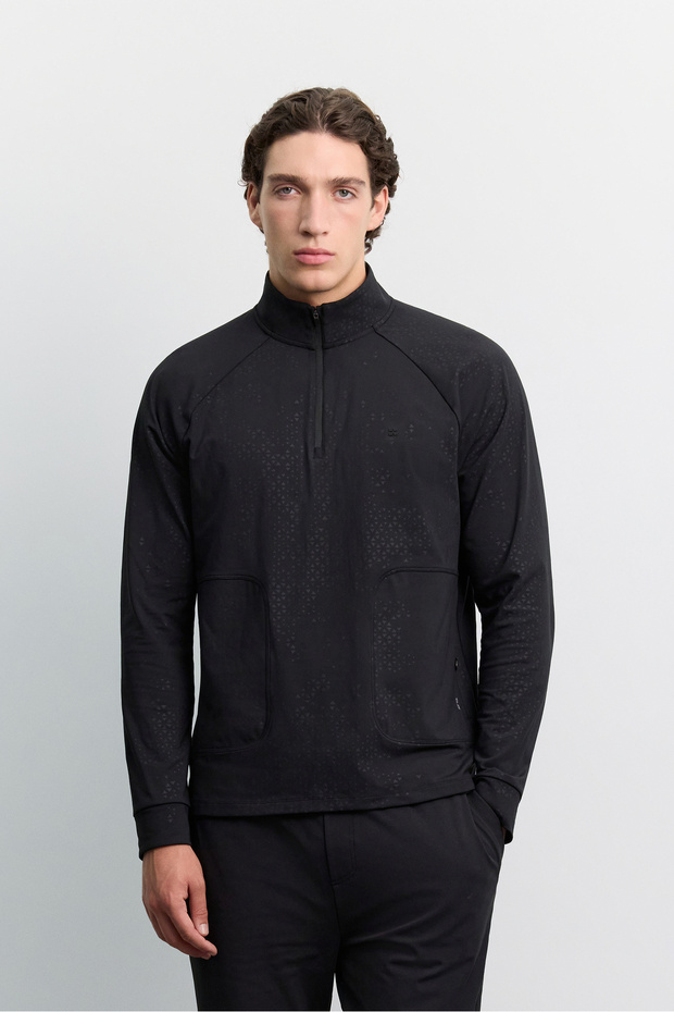 Men's Black Stand Collar Zippered Meter Printed Technical Fabric Sweatshirt with Inner Lining A62Y1226