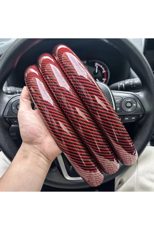 3PCS Red 3PCS Laser Carbon Fiber Silicone Car Round Steering Wheel Cover Fiber Leather Wheel Booster