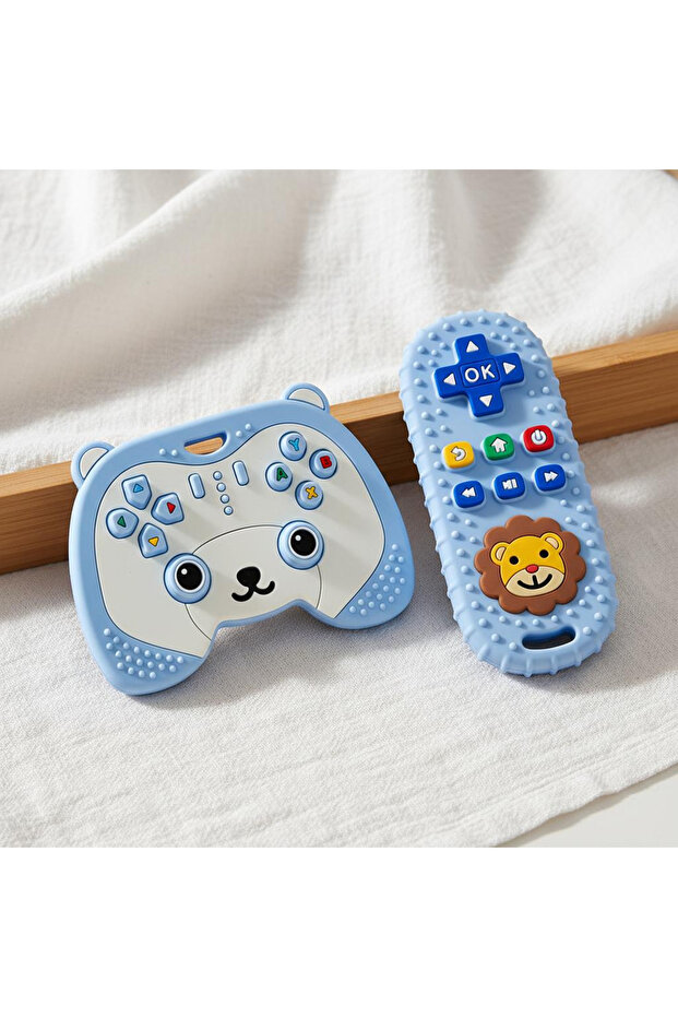blue 2Pcs Baby Teething Toys for 0-6 6-12 Months Silicone Bear Game Controller & Lion Teether Set
