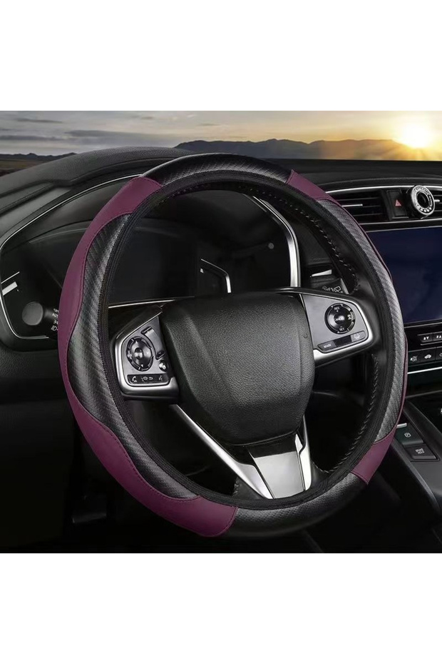 PURPLE PU Carbon Fiber Leather Car Steering Wheel Cover Without Inner Ring Suitable for 14.5-15 Inch