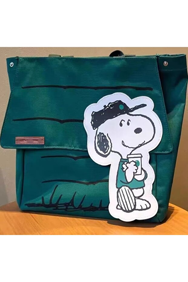 Bandai green Snoopy 2026 New Large Capacity Printed Canvas Tote Shoulder Bag Casual Lazy Style Small