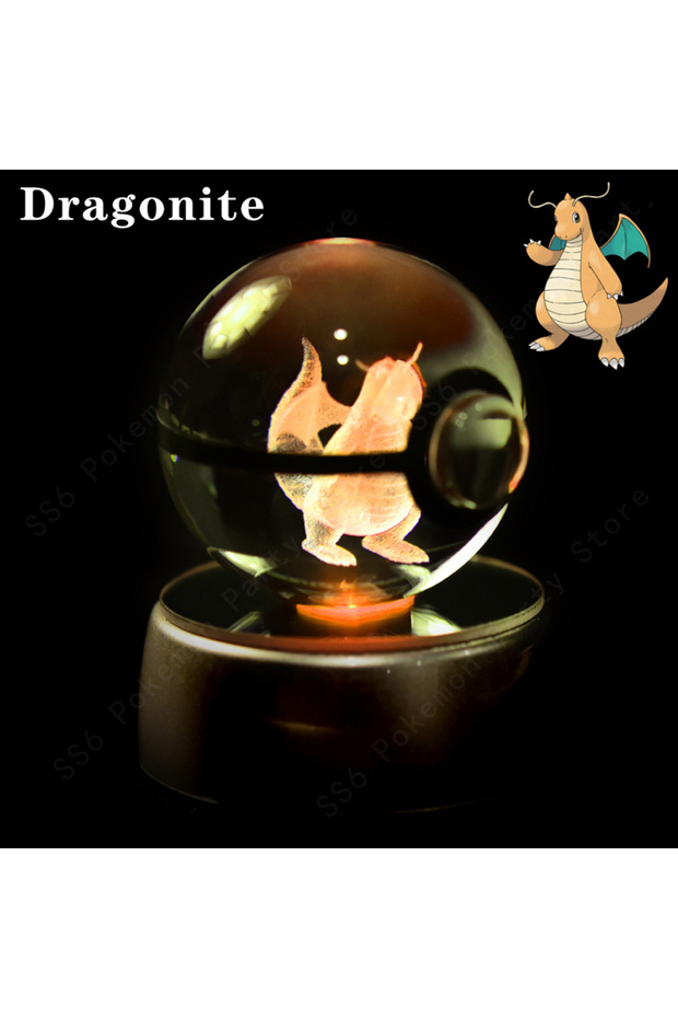 15 Dragonite Pokemon Crystal Ball 3D Mewtwo Pikachu Gengar Pokeball 3D Night Light Lamp Glass Statue