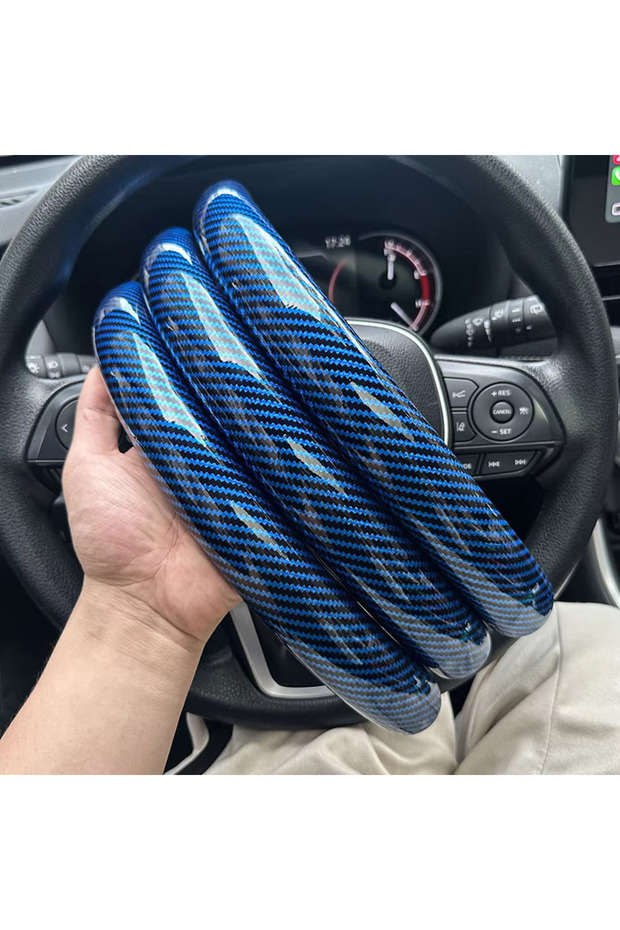 3PCS Blue 3PCS Laser Carbon Fiber Silicone Car Round Steering Wheel Cover Fiber Leather Wheel Booste