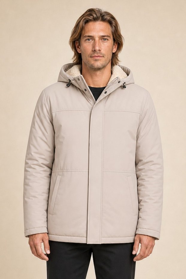 Men's Stone Fur-Trimmed Water and Wind-Resistant Ribbed Sleeve Detachable Hooded Coat & Parka