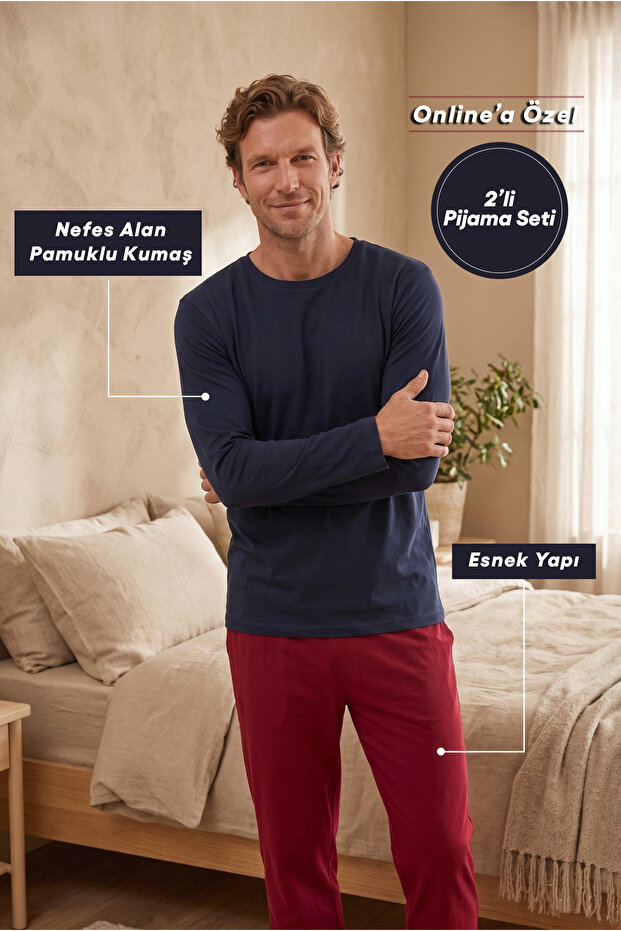 Crew Neck Long Sleeve Elastic Waist Pocketed Cotton Flexible 2-Piece Pajama Set