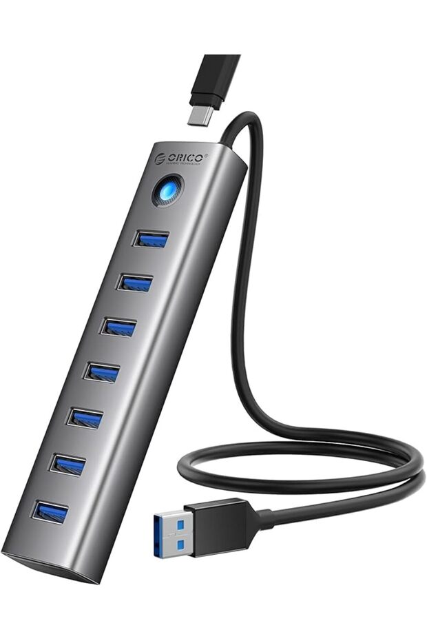 موزع USB 3.0 من اوريكو، موزع USB الومنيوم 7 منافذ 5 جيجابايت في الثانية، كيبل 50 سم مع منفذ طاقة 5 ف