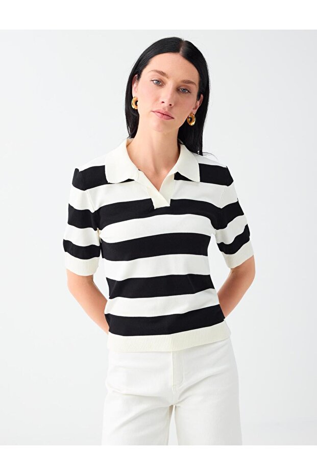 Black Striped Patterned Shirt Collar Knit Sweater