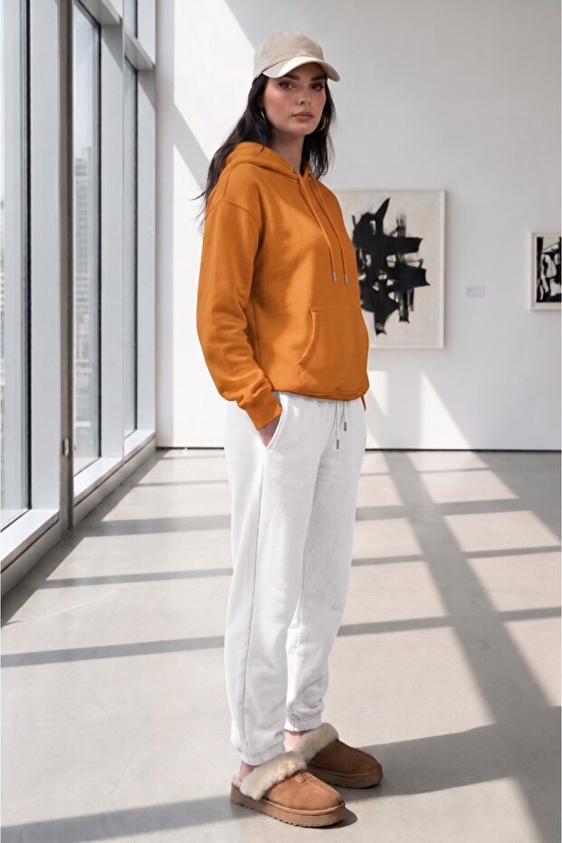 Women's Orange Hooded Sweat White Tracksuit Bottom Set