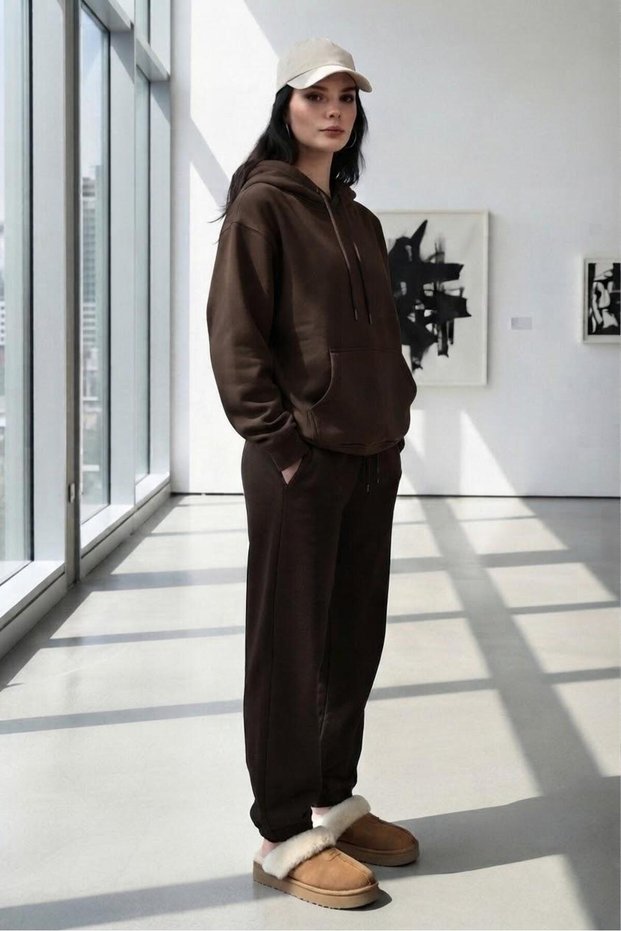 Women's Brown Hooded Sweat Tracksuit Bottom Set