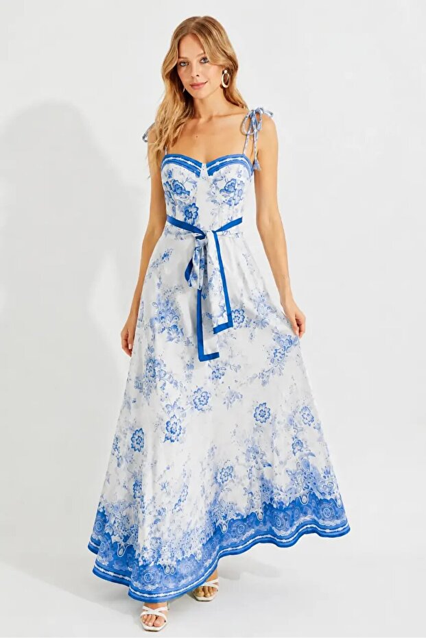Blue Floral Patterned Linen Maxi Dress – Tie-Straps