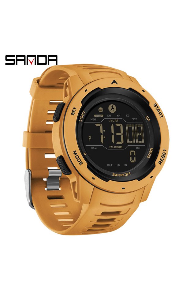 yellow SANDA 2145 Men's Sports Watch, Pedometer & Calorie Counter, 50M Waterproof LED Digital Milita
