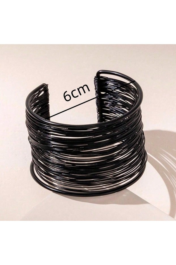 S030-Black Exaggerated Punk Multilayer Metal Wires Strings Black Bracelets Bangles for Women Vintage