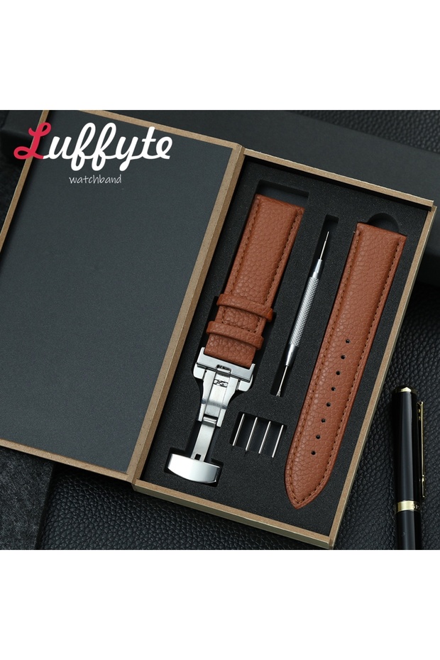 20mm Light Brown Litchi Grain Leather Watchband with Gift Box Fashion Replacement Band 18mm 20mm 22m
