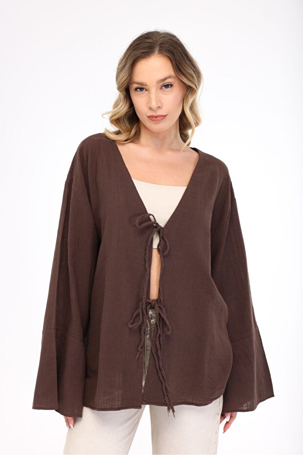 Women's Brown Oversize Linen Kimono & Tie-Detail Bat Sleeve Comfortable Fit