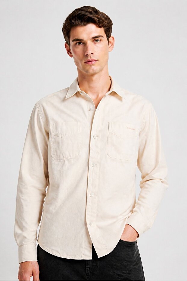 Jeans Men Regular Fit Embroidered Logo Long Sleeve Denim Shirt, Off White