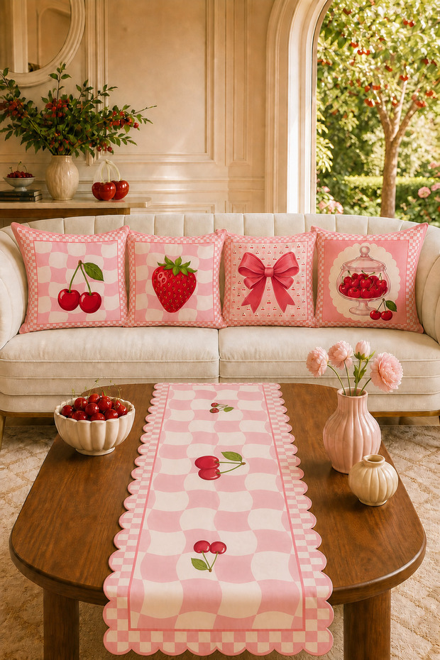 Cherry Themed Decorative Throw Pillow Cover and Runner Set - Pink Retro Design (Double-Sided)