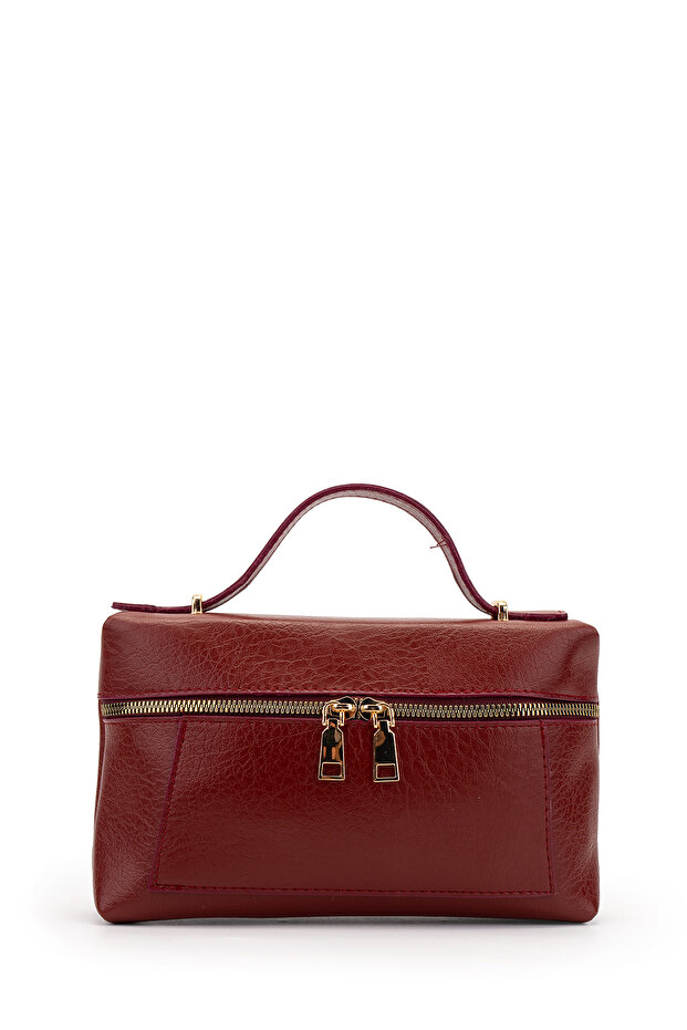 Double Zippered Fixed Strap Baguette Women's Crossbody Bag Padra Burgundy