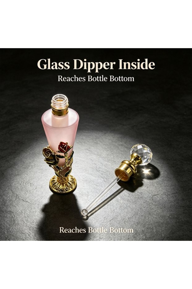 Luxury 30ml Empty Perfume Bottle with Metal Rose and Rhinestone Decoration, Vintage Style Refillable Glass Essential Oil Container, Ideal Gift for Women, Elegant Home Fragrance Vanity Decor.