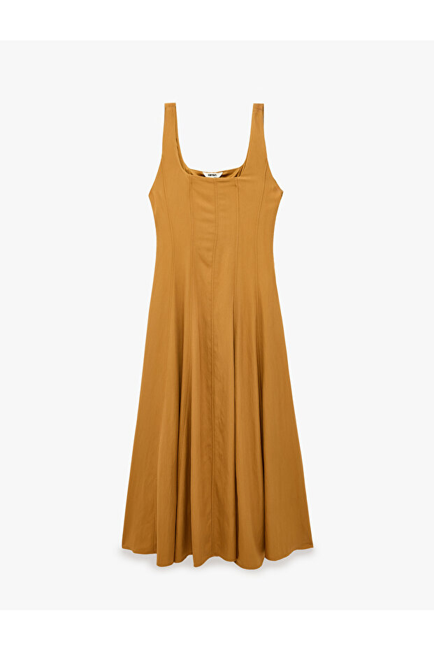 Sleeveless Square Neck Thick Strap Midi Length Flared Dress