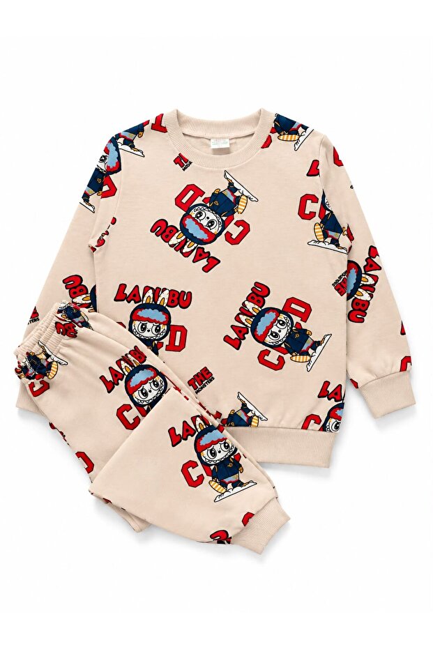 Boy's Cotton Cotton-Padded Beige Color Cute Character Patterned Long Sleeve Winter Pajama Set