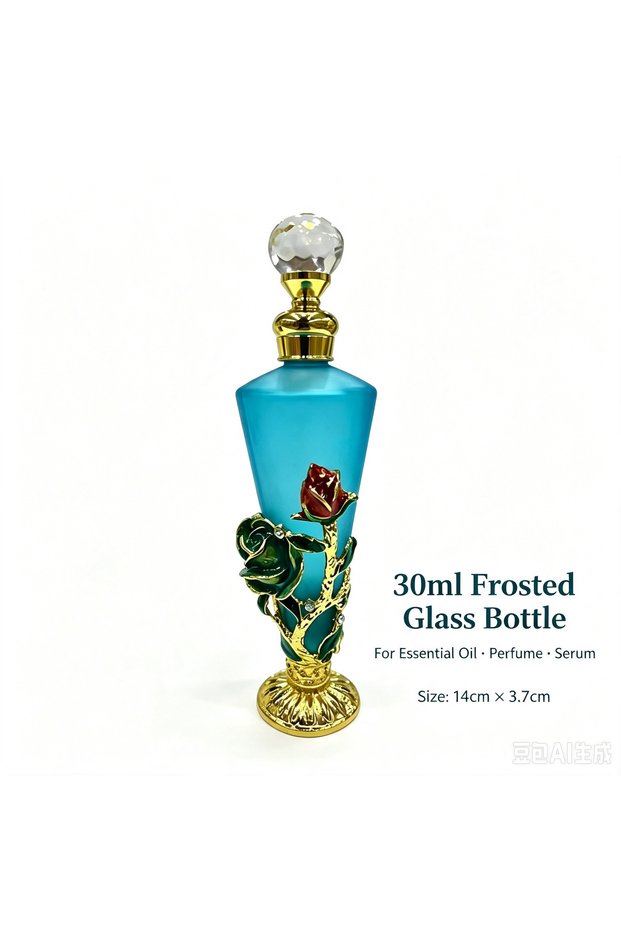 Luxury 30ml Empty Perfume Bottle with Metal Rose and Rhinestone Decoration, Vintage Style Refillable Glass Essential Oil Container, Ideal Gift for Women, Elegant Home Fragrance Vanity Decor.