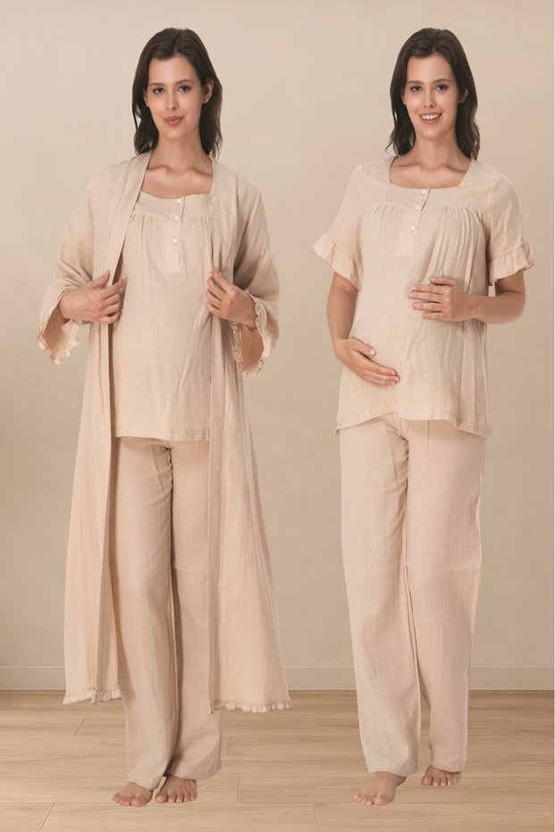 Effortt Muslin Fabric Maternity Pajama Set and Dressing Gown 3084