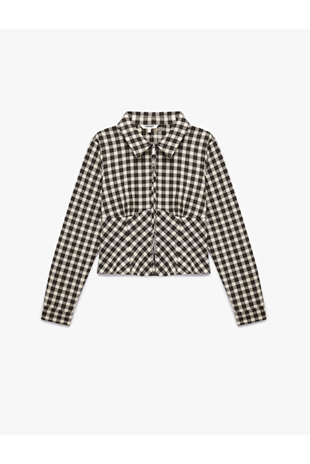 Slim Fit Long Sleeve Zippered Corset Detailed Checkered Shirt