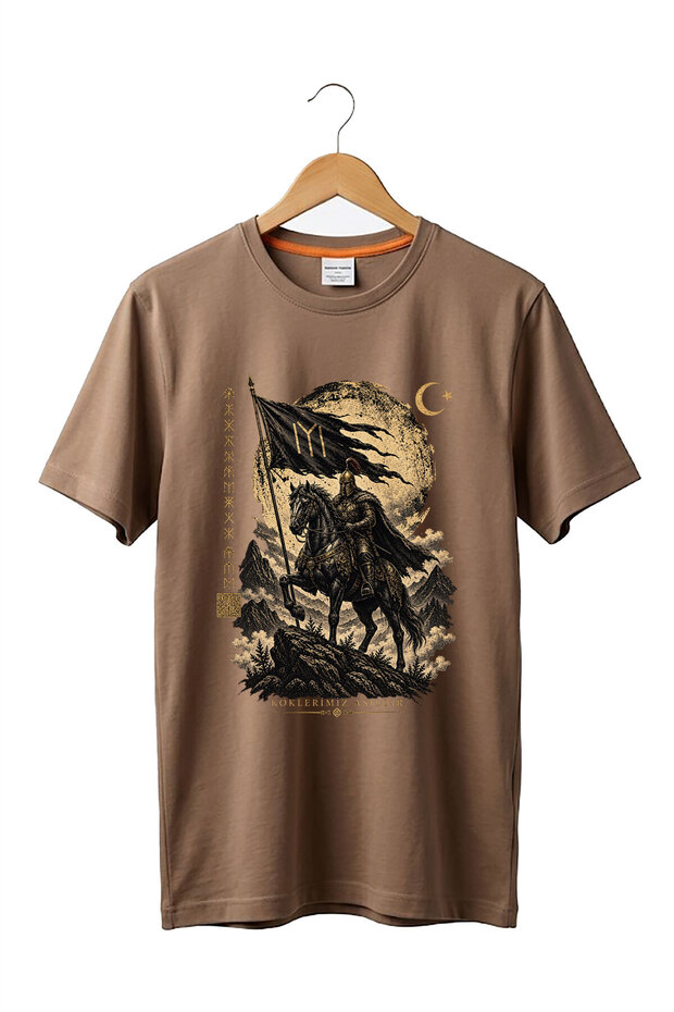 Turkish Warrior on Horseback Our Roots Are Hung up Written in Göktürk Alphabet Turkish History Printed Kayi Size 100% Cotton Crew Neck Basic Tshirt