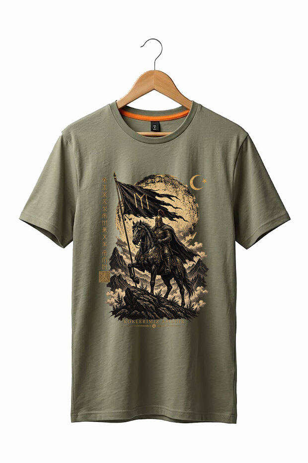 Turkish Warrior on Horseback Our Roots Are Hung up Written in Göktürk Alphabet Turkish History Printed Kayi Size 100% Cotton Crew Neck Basic Tshirt