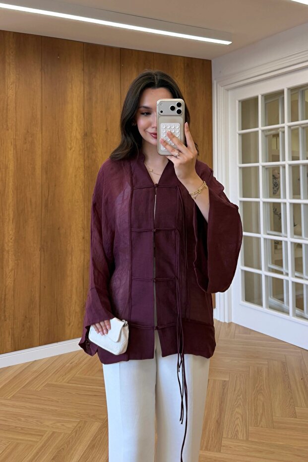 Burgundy Oversize Lace-Up Transparent Kimono - 5098